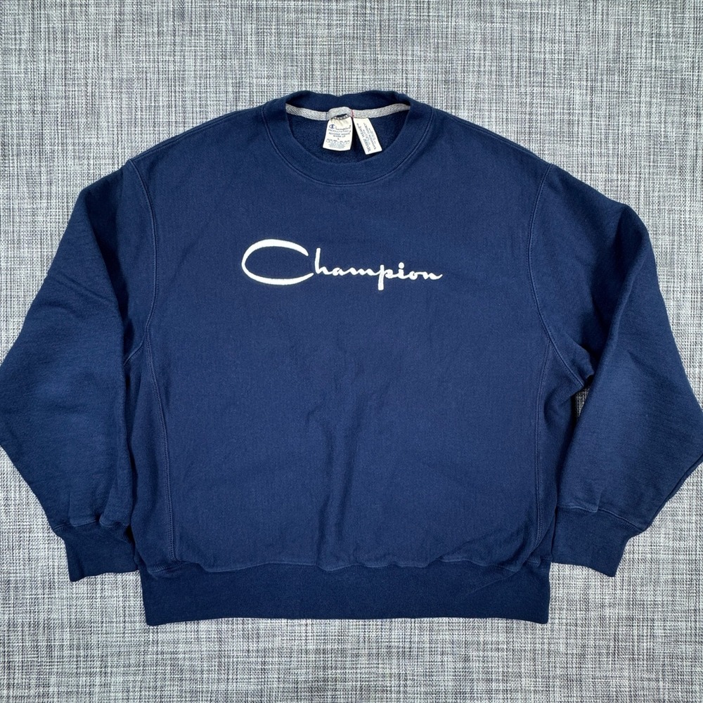 Champion Mens Reverse Weave Script Logo Crewneck Sweatshirt GF70 Navy Blue Large
